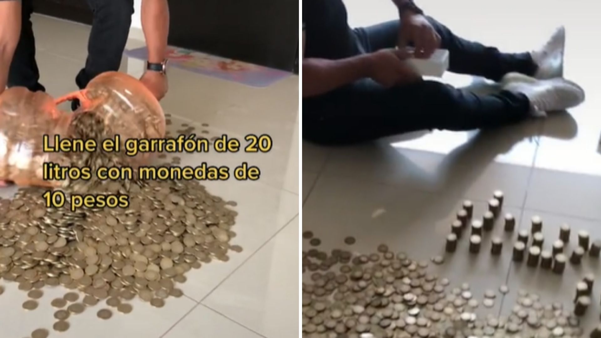 VIDEOS: Hombre llena un garrafón con monedas de 10 pesos y ahorró una