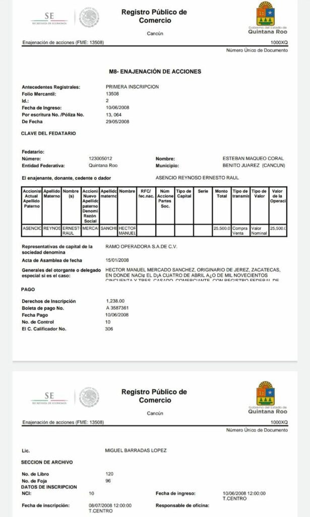 Documento que demuestra que Ricardo Medina Merino vendió sus acciones a Héctor Mrrcado, padre de Estefanía Mercado
