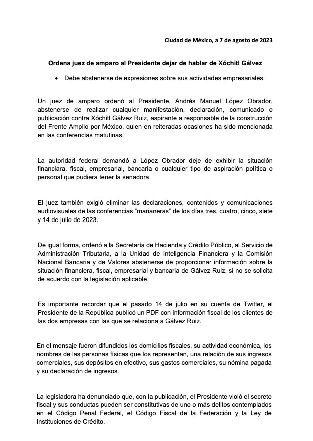 Juez ordena a AMLO dejar de hablar contra Xóchitl Gálvez