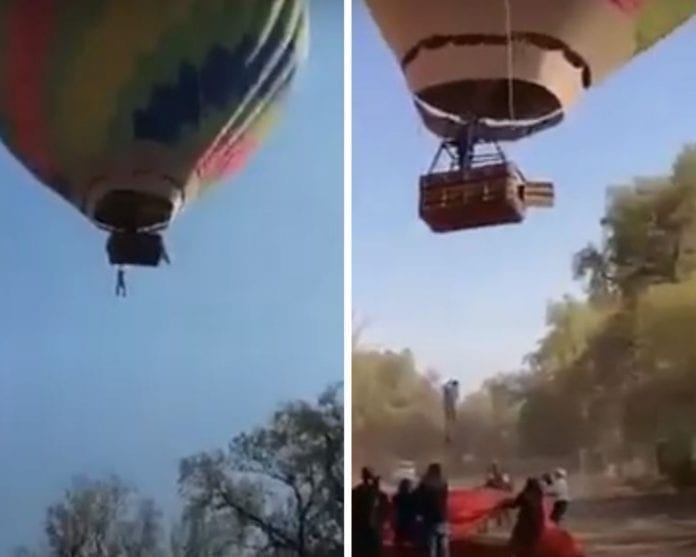 Dos hombres quedan colgando de un globo aerostático en Teotihuacán, casi mueren