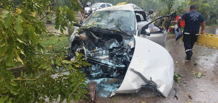 El conductor de un automóvil Volkswagen quedó internado en un hospital, luego que patinara en la avenida Kabah y se estrellara contra un árbol esta mañana, en la Supermanzana 37 de esta ciudad.