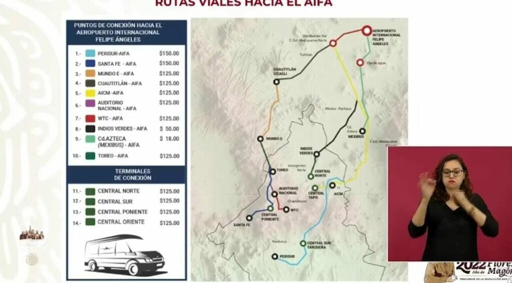 Los costos del transporte que llevará a los pasajeros al aeropuerto Felipe Ángeles desde 14 diferentes punto de la Cdmx