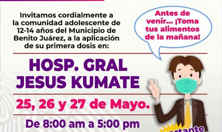EXTIENDEN JORNADA DE VACUNACIÓN PARA ADOLESCENTES DE 12 A 14 AÑOS EN CANCÚN