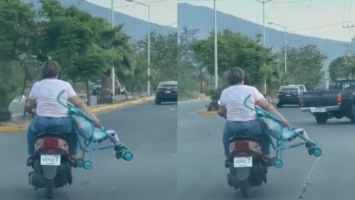 Critican a pareja por viajar en motocicleta y llevar a su bebé en la carriola