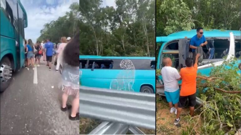 Este domingo, un autobús de Cancún Discovery de Del Valle se salió de la carretera El Tintal-Valladolid con varios turistas a bordo.