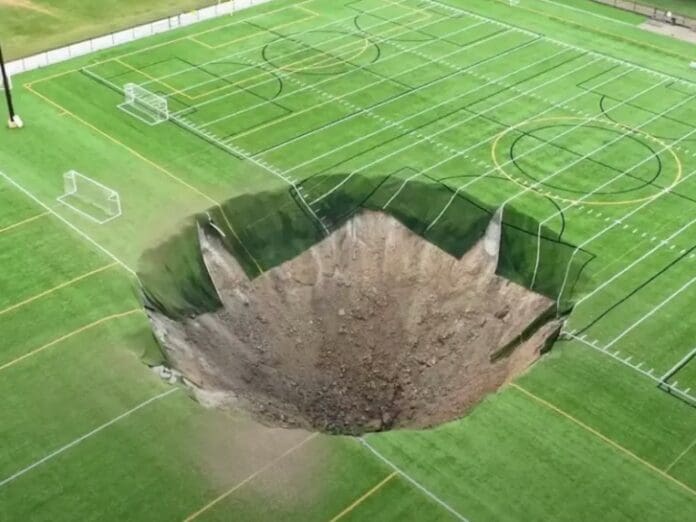 Video: Captan el momento que socavón de 30 metros se devora una cancha de fútbol