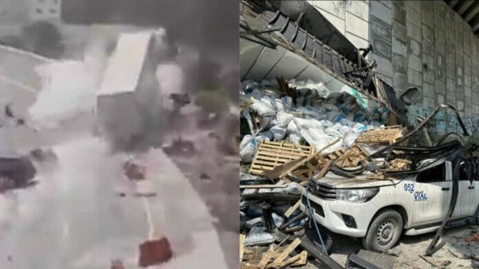 Tráiler cae al vacío por quedarse sin frenos en la autopista Monterrey-Saltillo