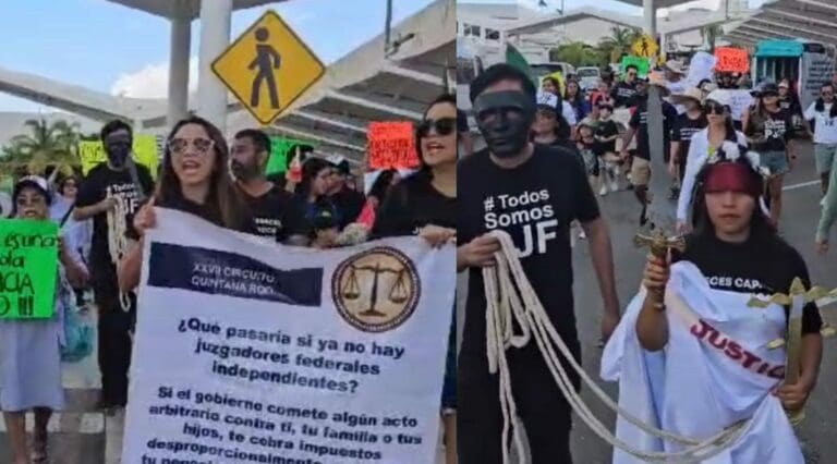 Se manifiestan decenas de trabajadores del Poder Judicial en el Aeropuerto Internacional de Cancún este domingo.