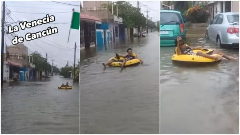 "La Venecia de Cancún"; sujeto aprovecha inundaciones por Helene para navegar con cerveza en mano
