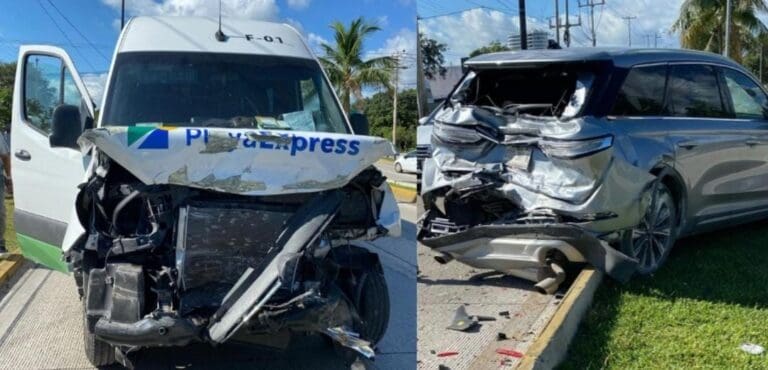 Un n uevo percance vial. Reportan cinco lesionados en Cancún tras choque entre van de Playa Express y una camioneta.
