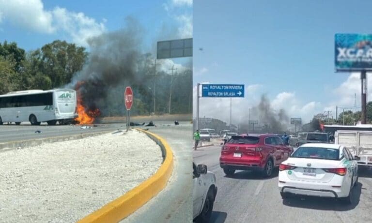 VIDEO: Accidente en la Carretera Puerto Morelos – Cancún deja un fallecido y un autobús incendiado