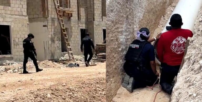 Sujetos querían robar un taxi en Cancún e intentan escapar a través de tuberías. Pasaron un buen rato ocultos, sin querer salir.