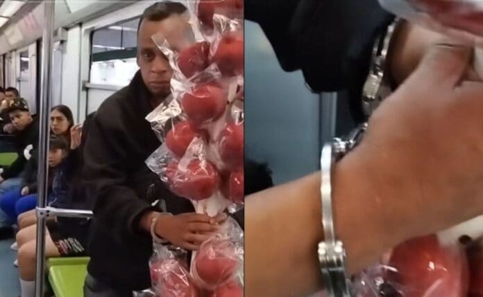 vendedor de manzanas esposado dentro del metro de Cdmx