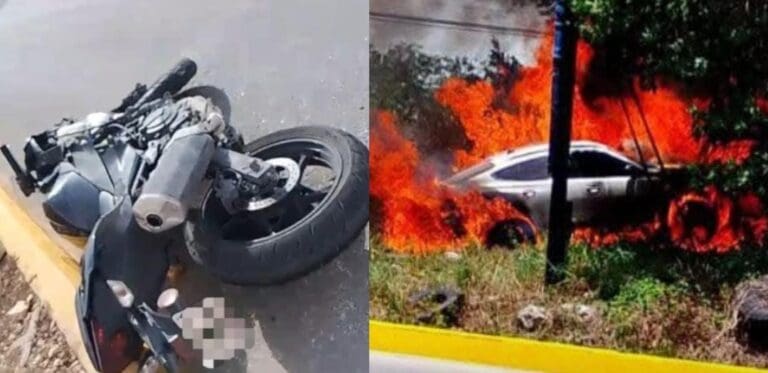 Fuertes accidentes en Cancún; muere motociclista y un automóvil se incendia tras chocar con anuncio. Todo por exceso de velocidad.