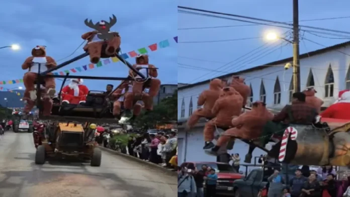 Convierten retroexcavadora en un trineo de Santa Claus en San Luis Potosí
