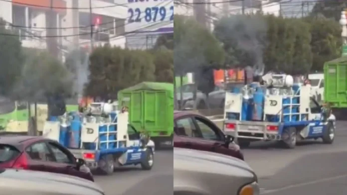 Trabajadores lanzan pirotecnia desde un camión con tanques de gas en Edomex