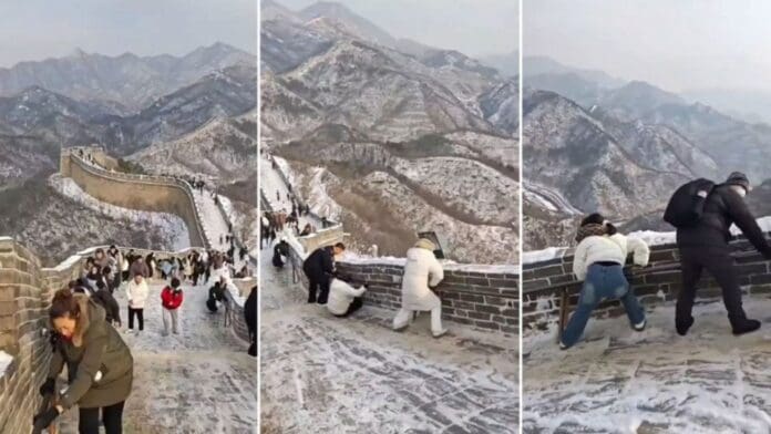 Nevadas en China convirtieron a la Gran Muralla en un desafiante tobogán resbaladizo